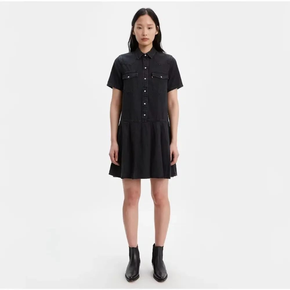 Levi's‎ Denim Dress Mirai Western Short Sleeve Pearl Snap Mini Black Size Small